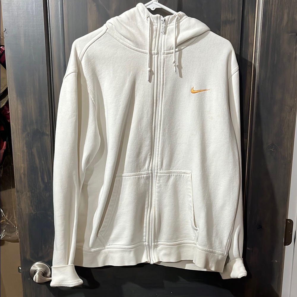 White Nike Zip-Up Hoodie with Orange Logo
